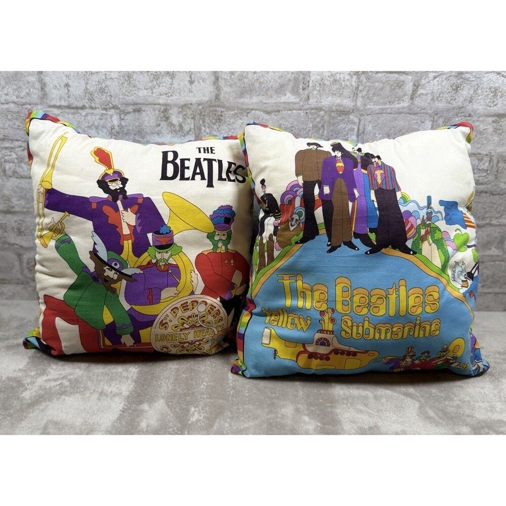 Set of 2 Beatles Yellow Submarine Throw Pillows Psychedelic Retro Pop Art Decor